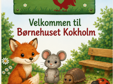 Et logo med ræv, mus, bænkebider og mariehøne i en skov. Det illustrer Børnehuset Kokholms grupper og at vi går meget op i naturen